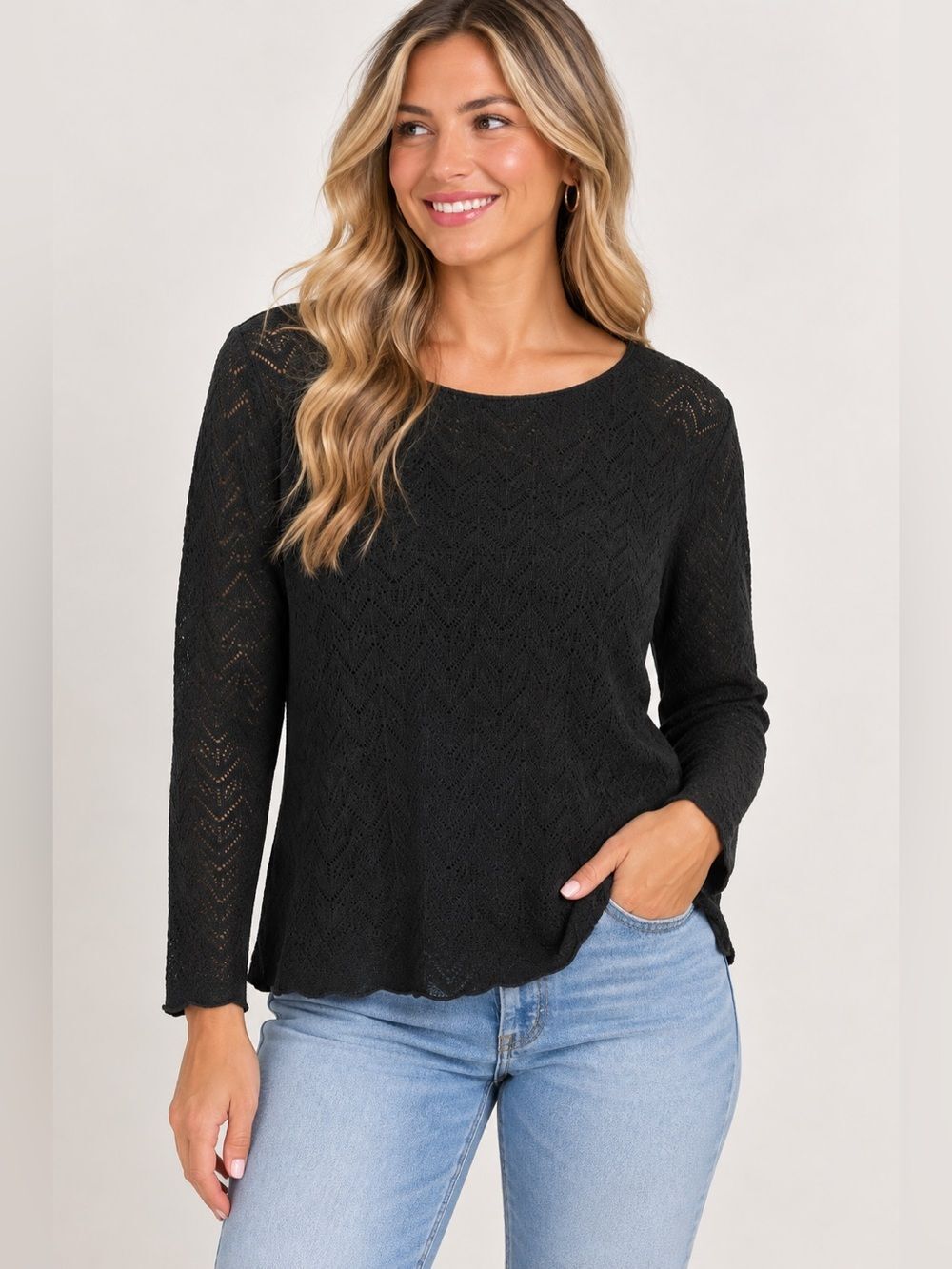 Talbots Pointelle Black Blouse Top Large